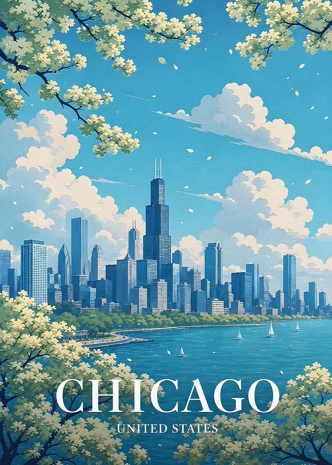 Chicago Skyline with Cherry Blossoms