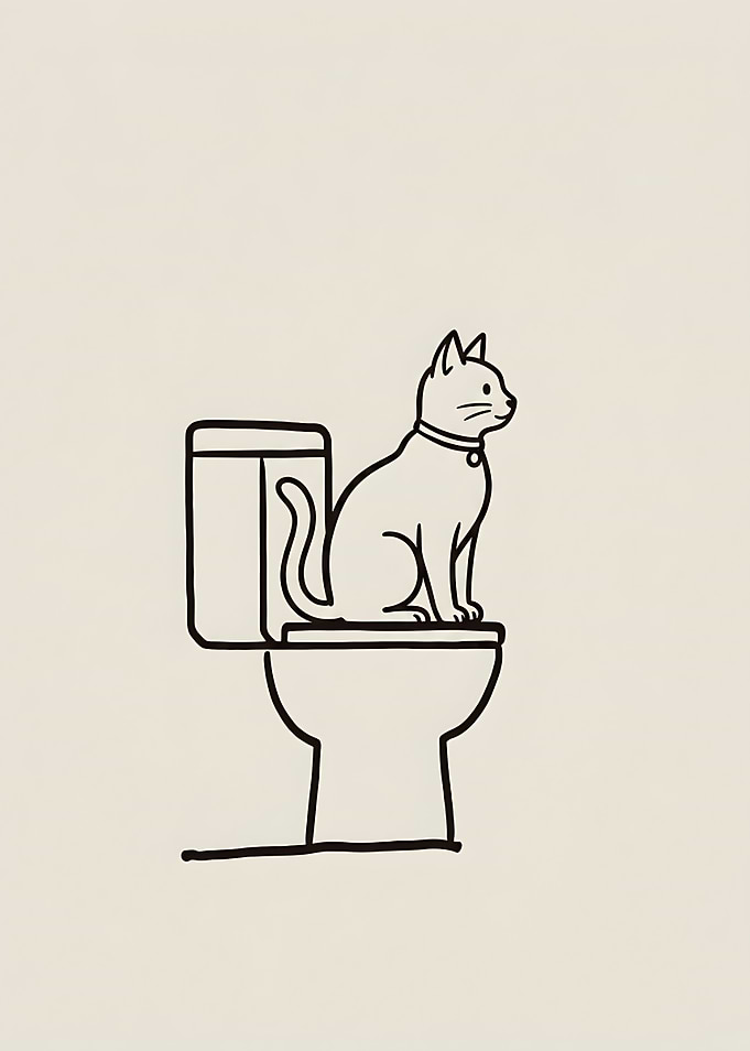 Cat Print — Minimalist Cat On Toilet Line Art Poster Funny Bathroom Wall Art, Cat Lover, Cute Bathroom Decor