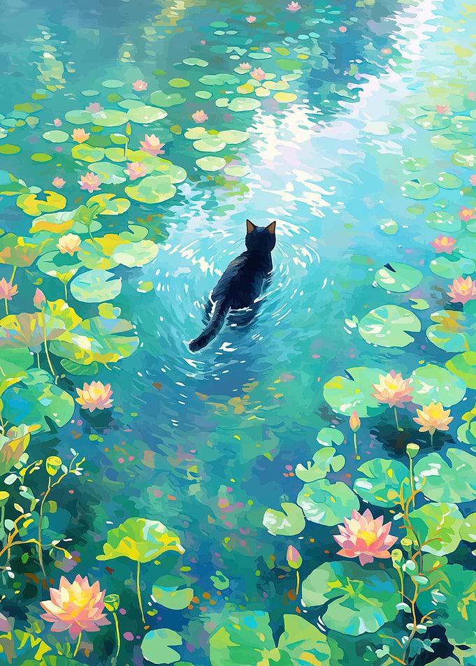 Black Cat in a Lotus Pond
