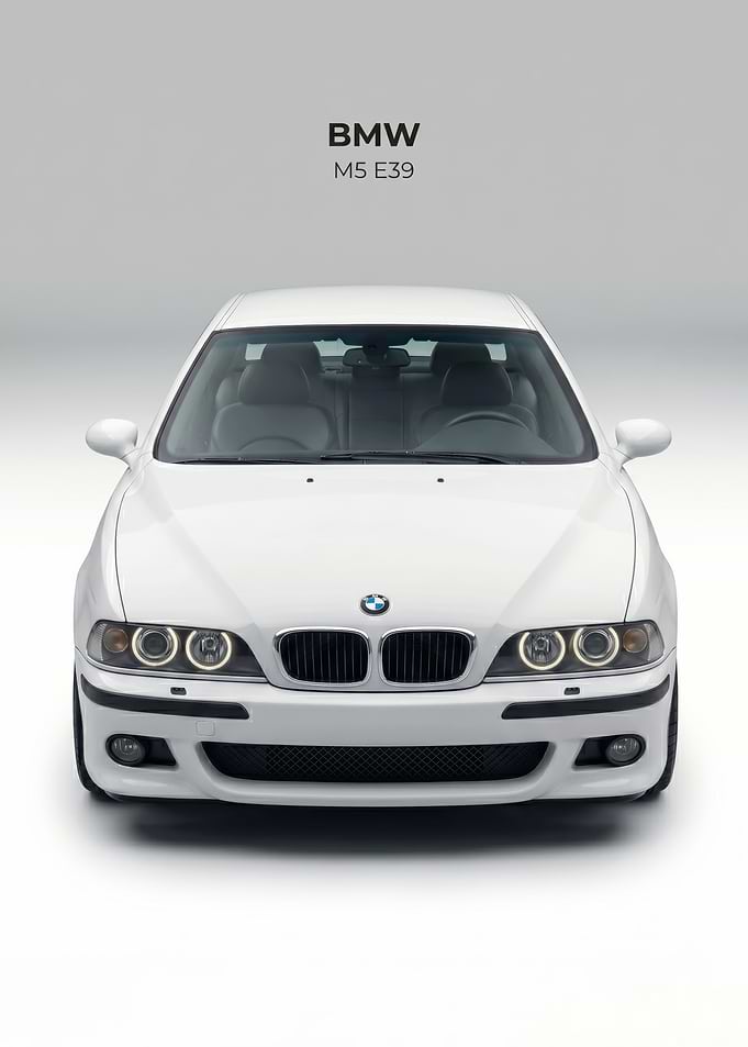 sleek White BMW M5 E39 Front View car poster
