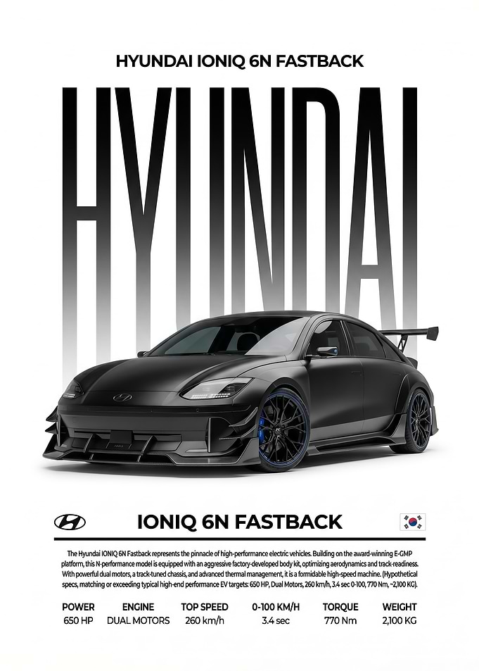 sleek black Hyundai Ioniq 6N Fastback car poster