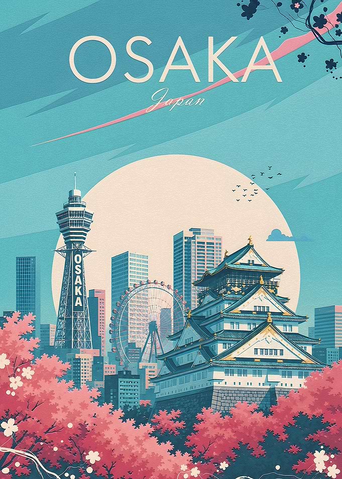 Osaka Cityscape with Cherry Blossoms