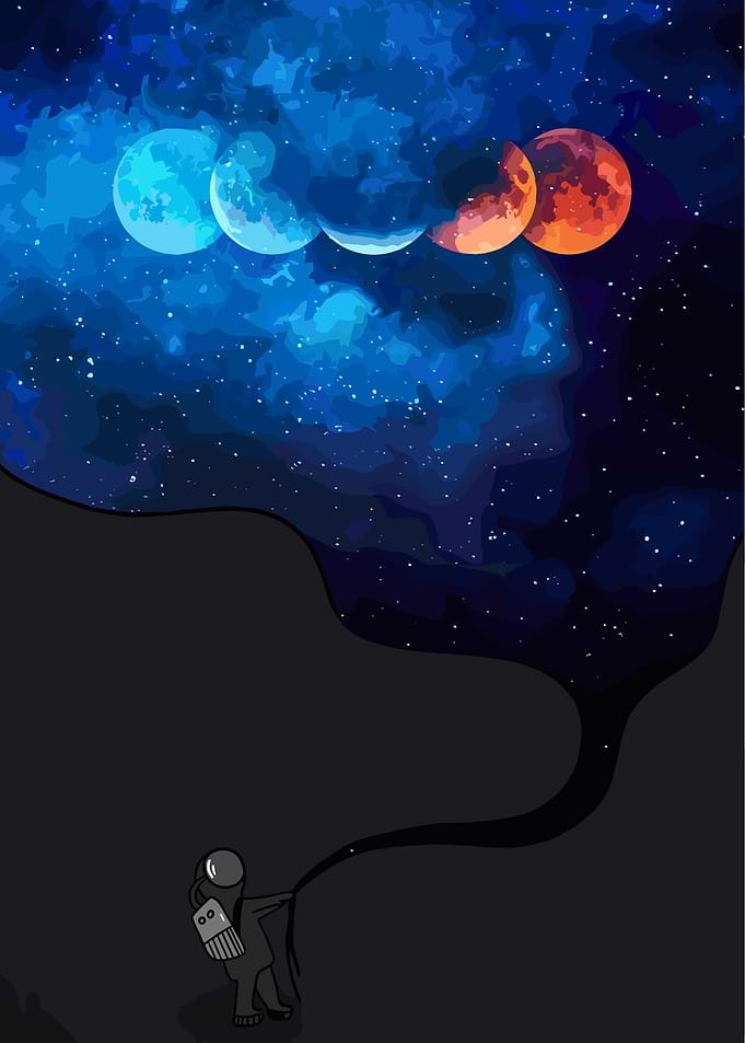 Astronaut observing moon phases in space
