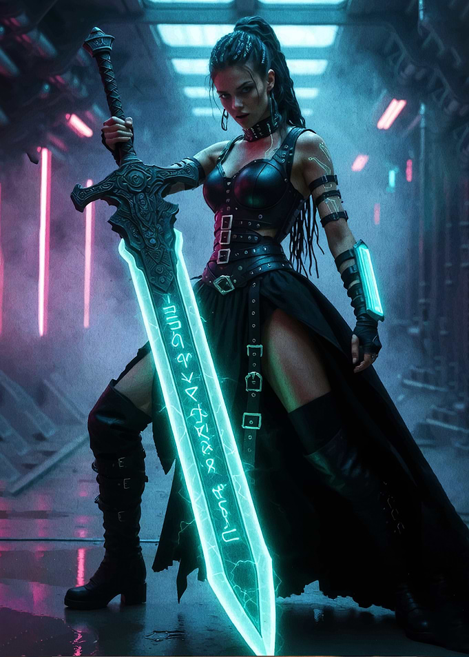 Cyberpunk Warrior with Glowing Sword