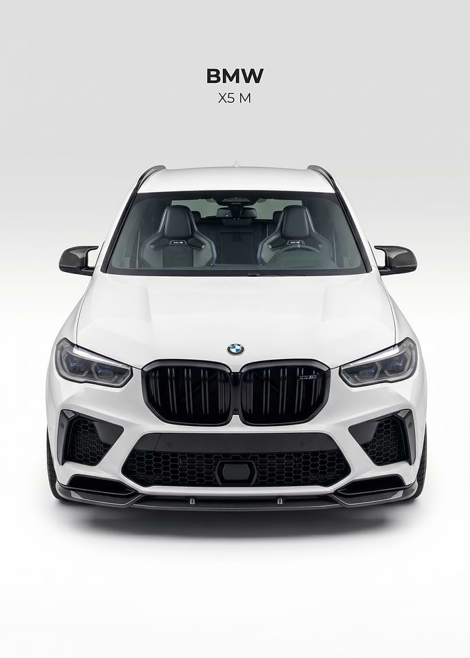 sleek White BMW X5 M Front View car poster