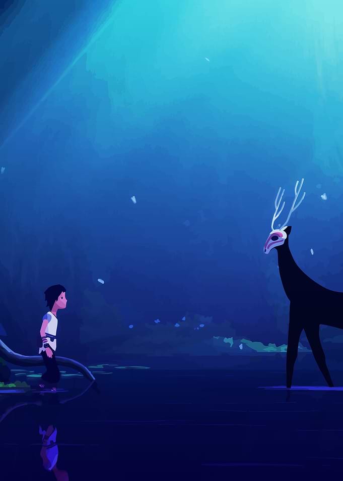 Boy and Deer Spirit in Blue Forest