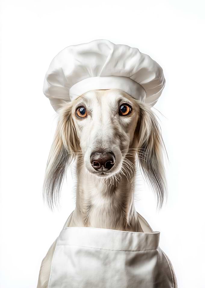 Chef Saluki Dog in Chef Hat and Apron