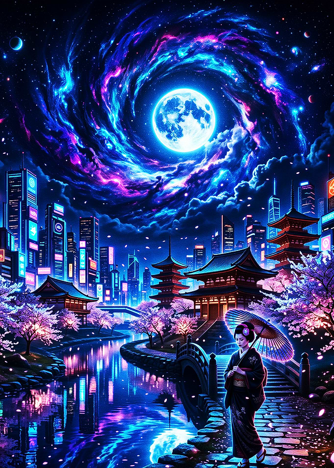 Cyberpunk Geisha Under a Cosmic Moon