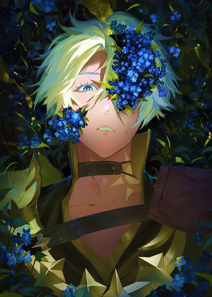 character with blue flowers