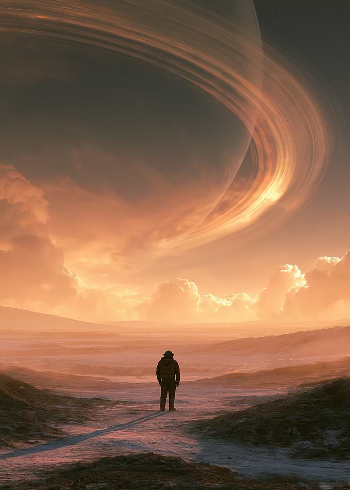 Astronaut on alien planet with Saturn-like rings