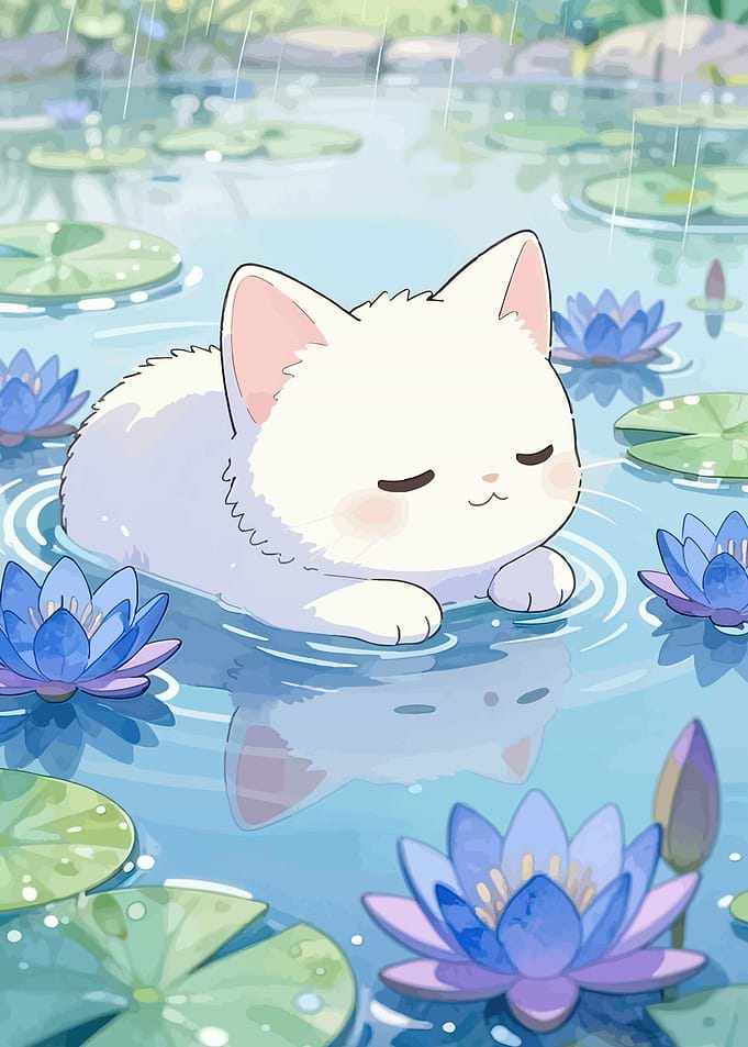 Cute Cat in a Lotus Pond