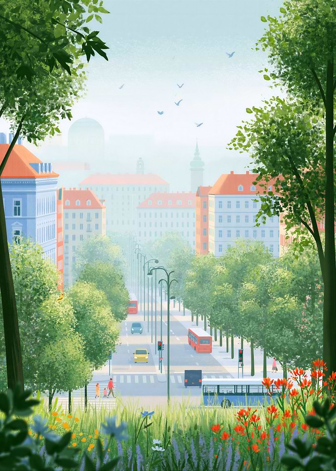 Misty City Street with Greenery