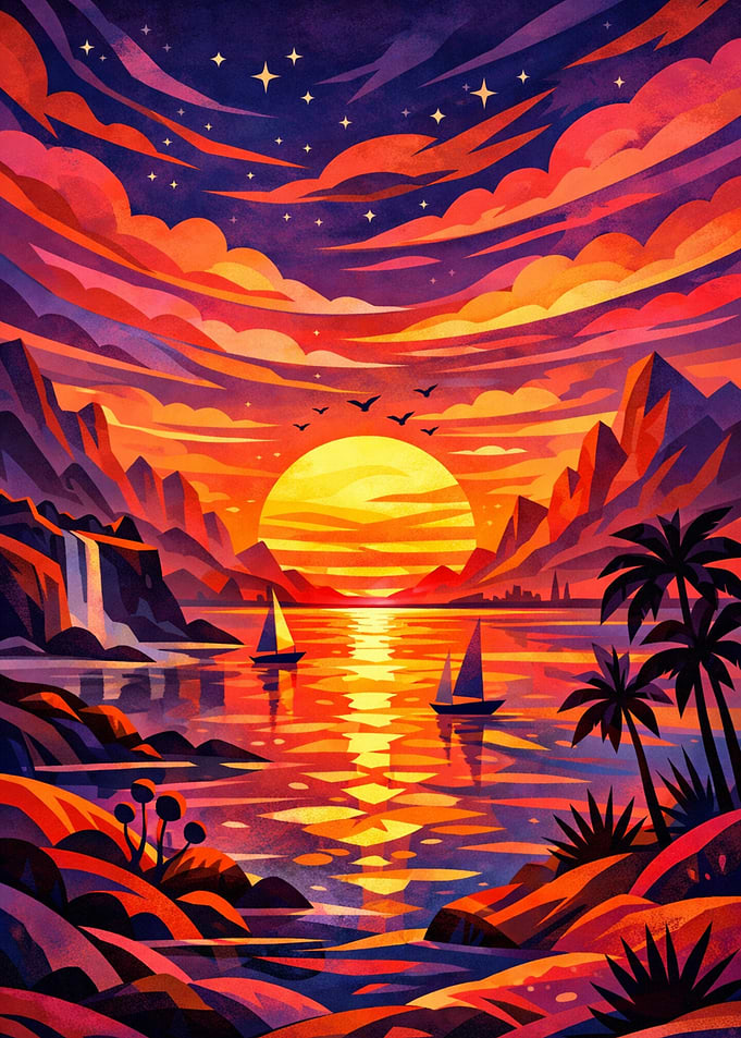 Vibrant Sunset with Stars