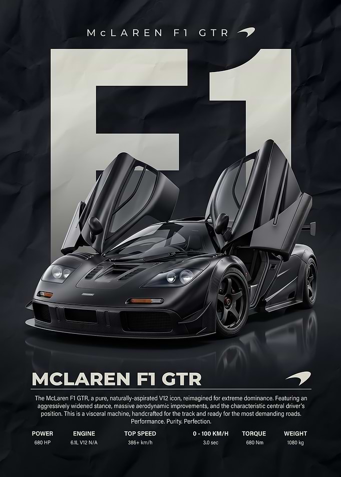 sleek black open doors McLaren F1 GTR Poster
