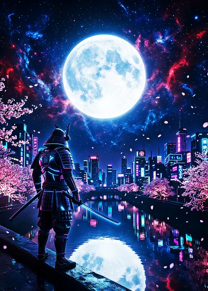 Cyberpunk Samurai Under a Full Moon