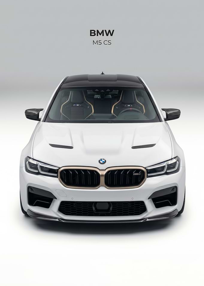 sleek white BMW M5 CS Front car poster