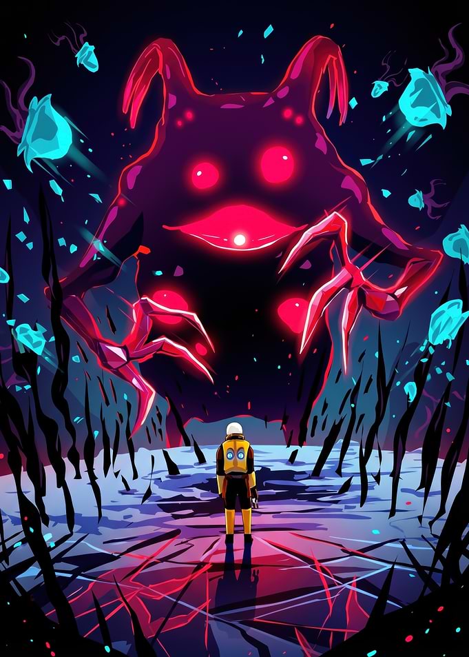 Astronaut faces giant alien monster