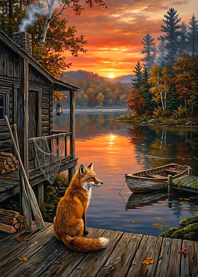 Fox by a Fisherman's Hut at Sunset