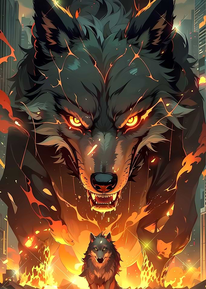 Fiery Wolf Over Cityscape
