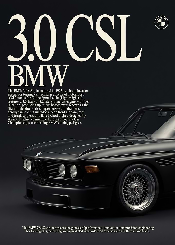 close up sleek black BMW 3.0 CSL poster