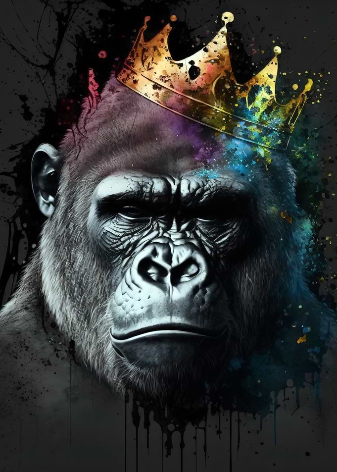 Gorilla King Crown Watercolor Splash Art