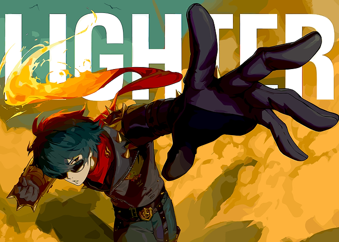 Anime character with fire and text