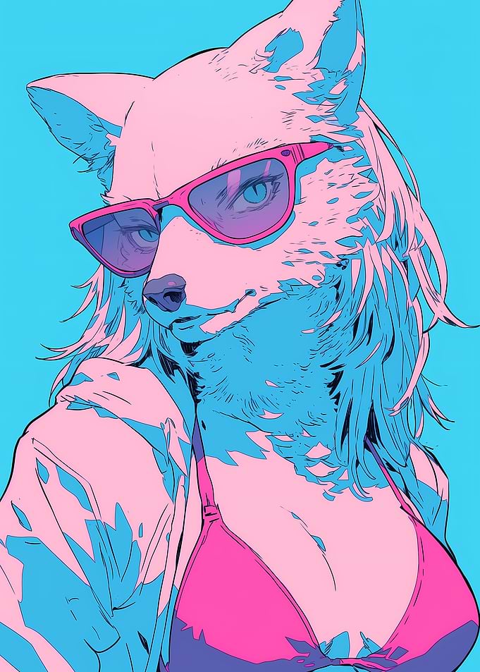 Anthropomorphic Fox Wearing Sunglasses and Bikini