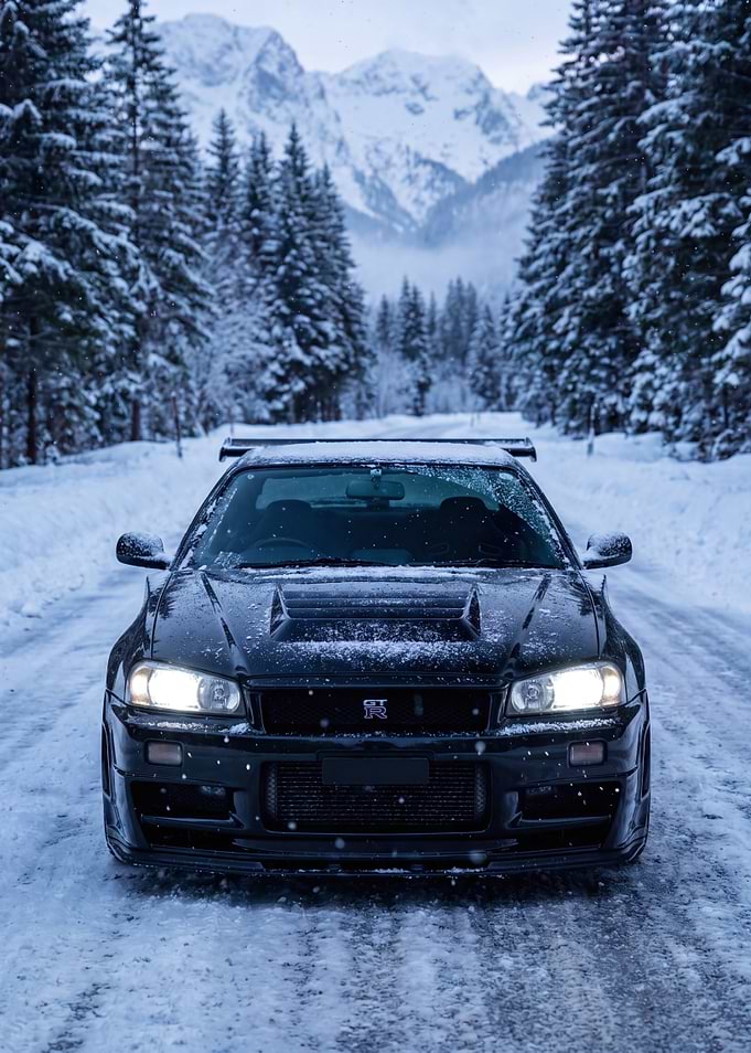 Black Nissan Skyline R34 in Snow
