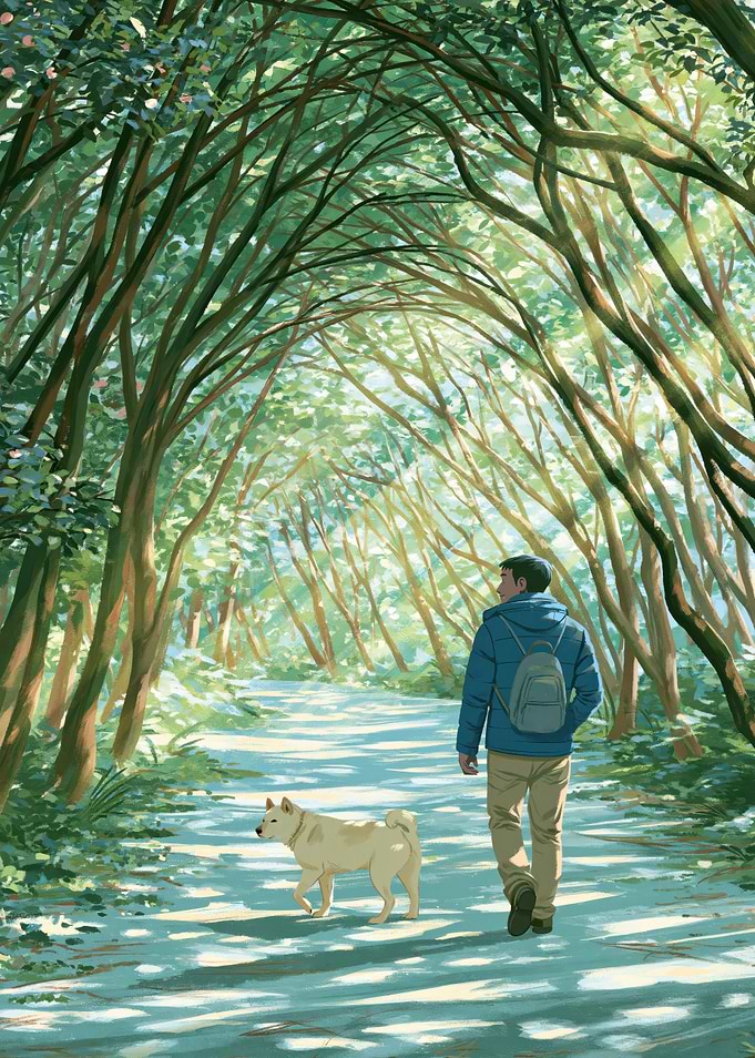 Morning Walk – Man and Dog on Sunlit Forest Path