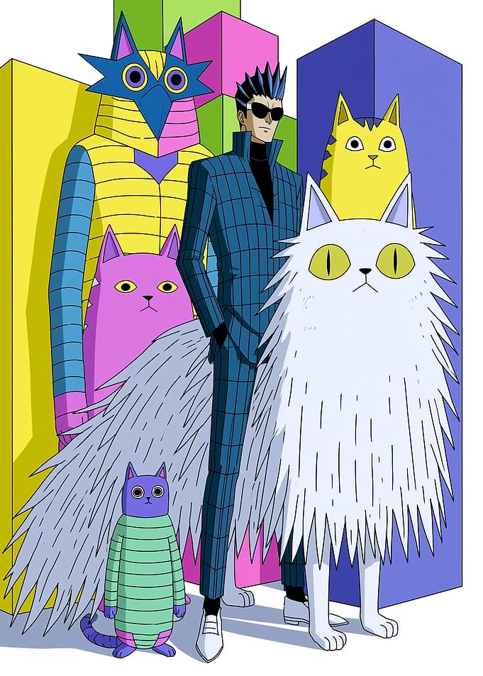 Man with Cats and Abstract Figures