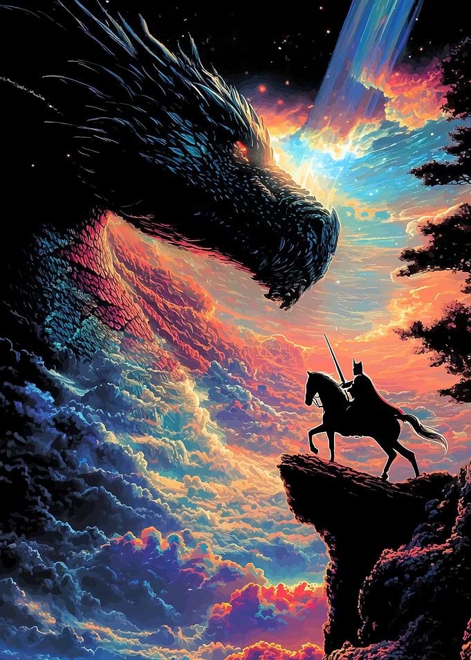 Knight faces dragon in cosmic sky