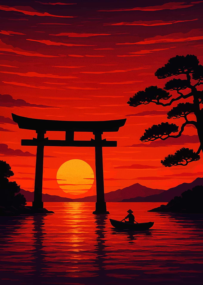Torii Gate Sunset with Canoeist