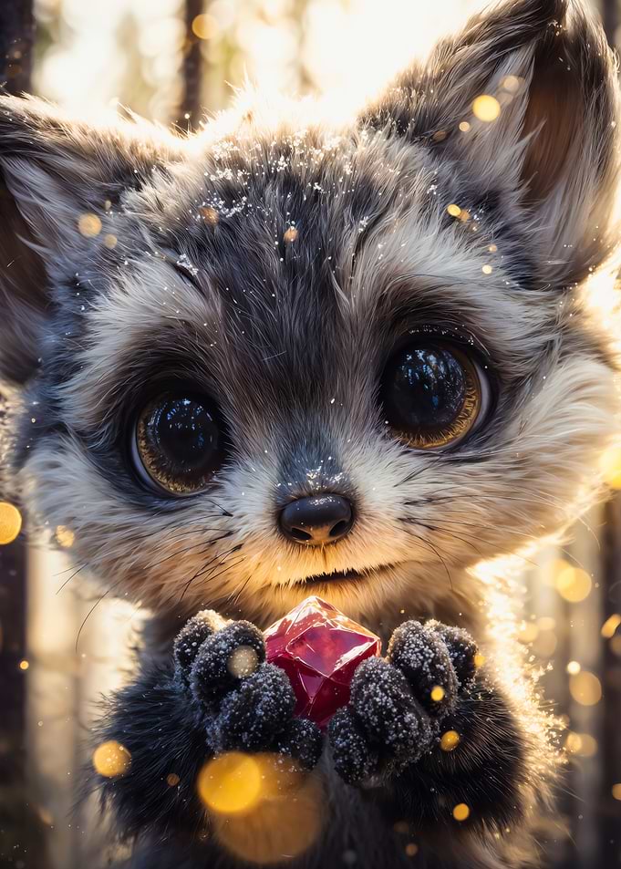 Small Raccoon Holding Red Gemstone