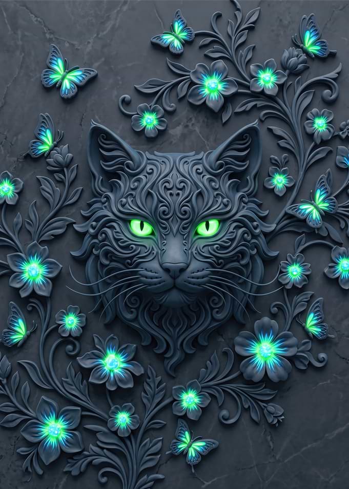Mystical Cat with Glowing Eyes and Butterflies