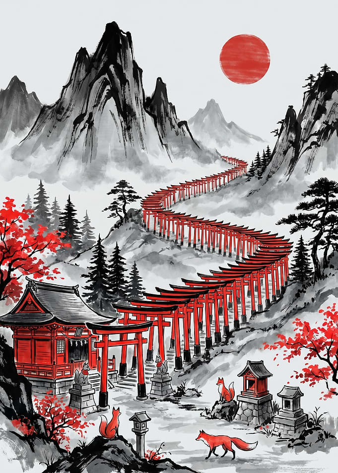 Japanese Torii Gates and Foxes