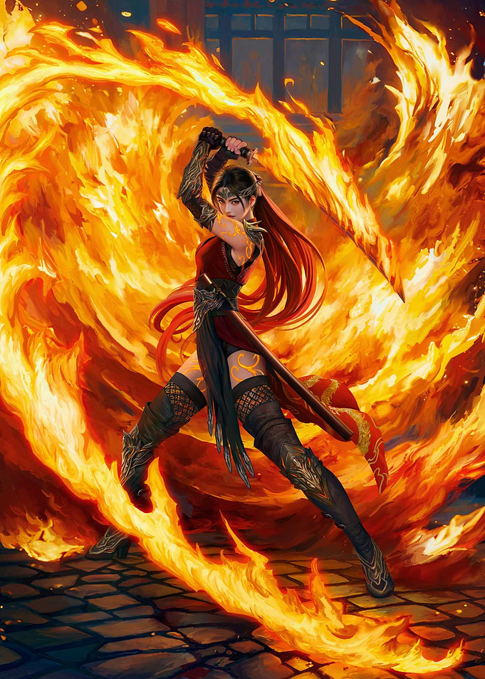 Fiery Warrior Woman with Sword