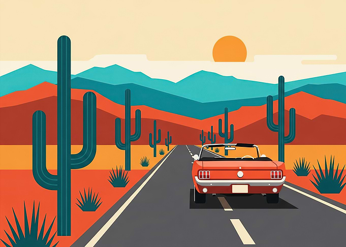 Desert Road Trip with Classic Car
