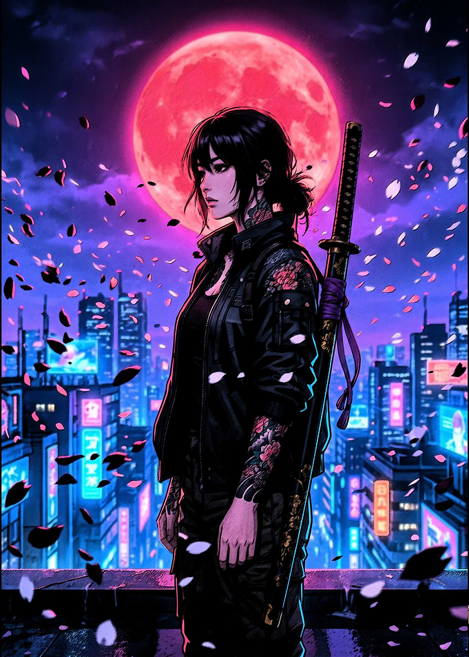 Cyberpunk Samurai Under a Red Moon