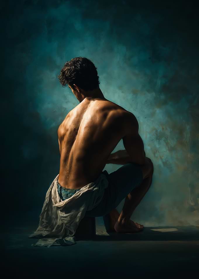 Muscular Man Crouching Back View