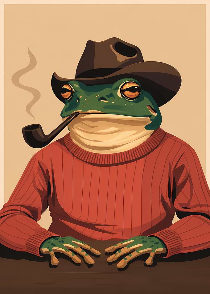 Frog wearing a hat and smoking a pipe