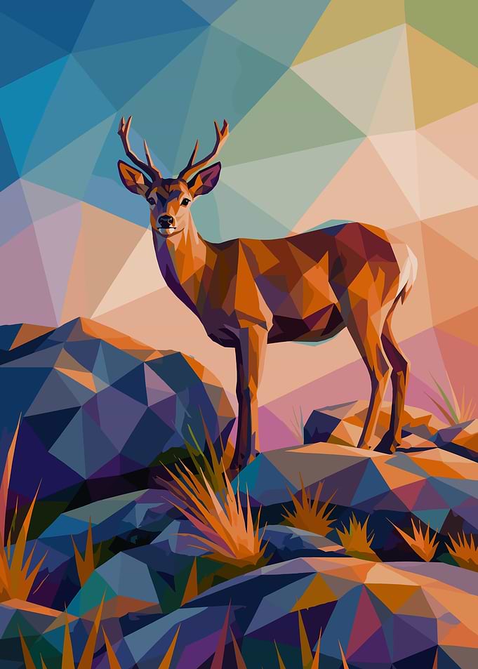 Geometric Deer on Rocky Terrain