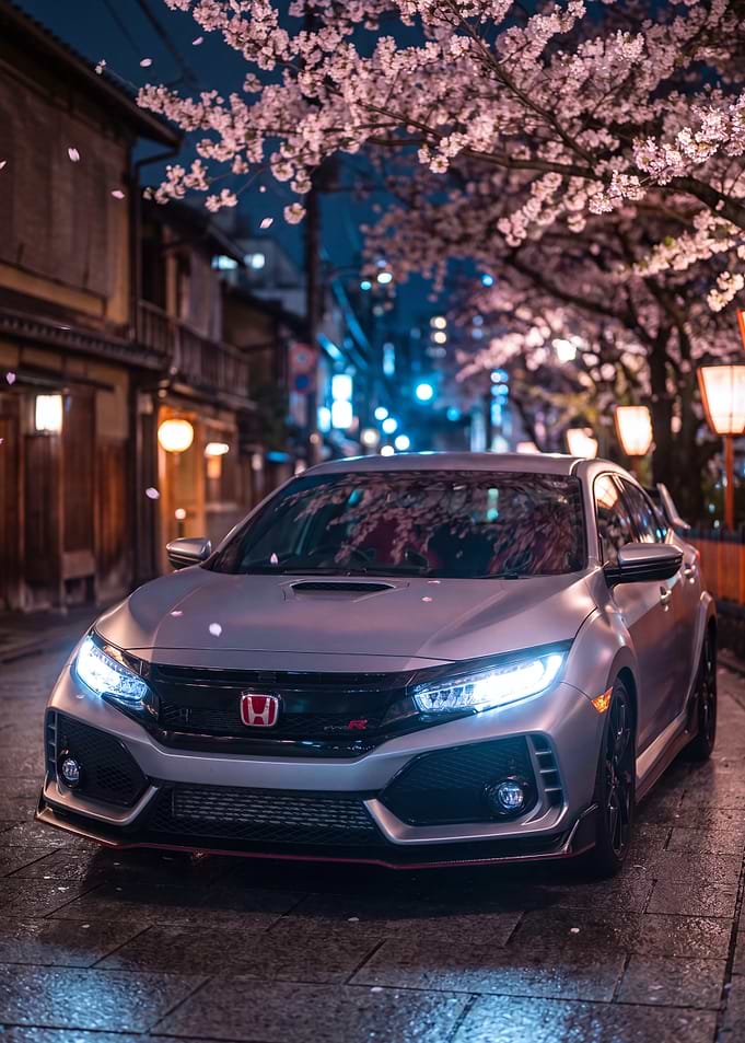 Honda Civic Type R under Cherry Blossoms