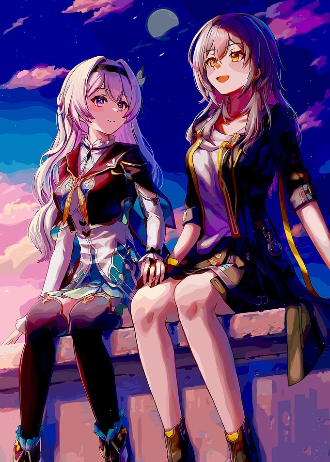 Two anime girls at sunset