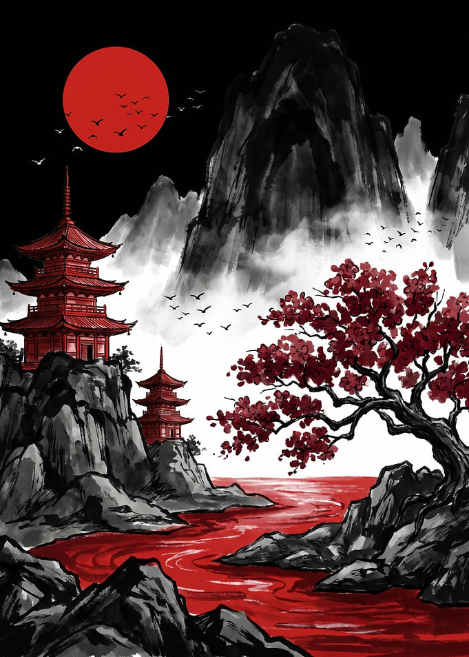Japanese Red Moon Pagoda Landscape