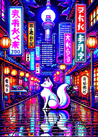 Pixel Art Fox in Neon City