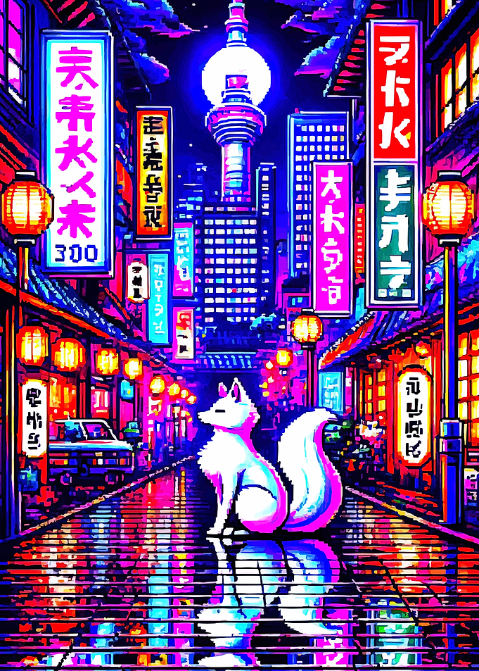 Pixel Art Fox in Neon City