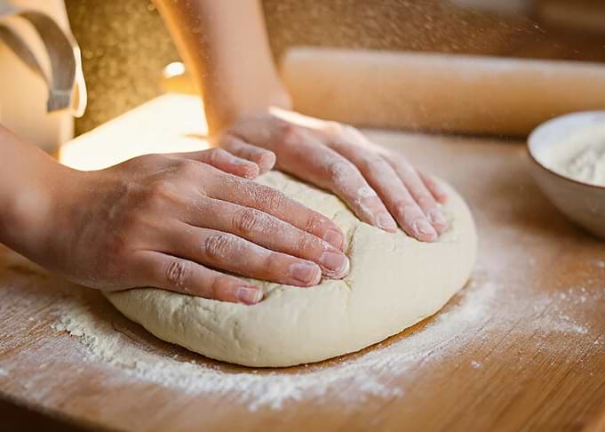 Hands kneading dough on a wooden surface
