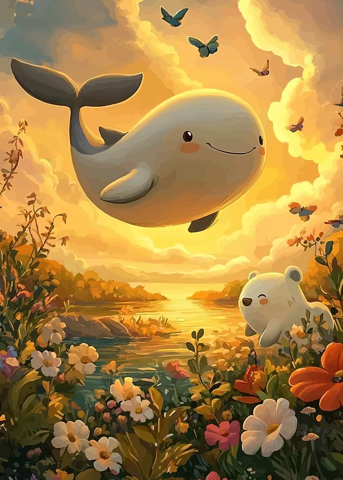Whale and Bear in a Dreamy Landscape