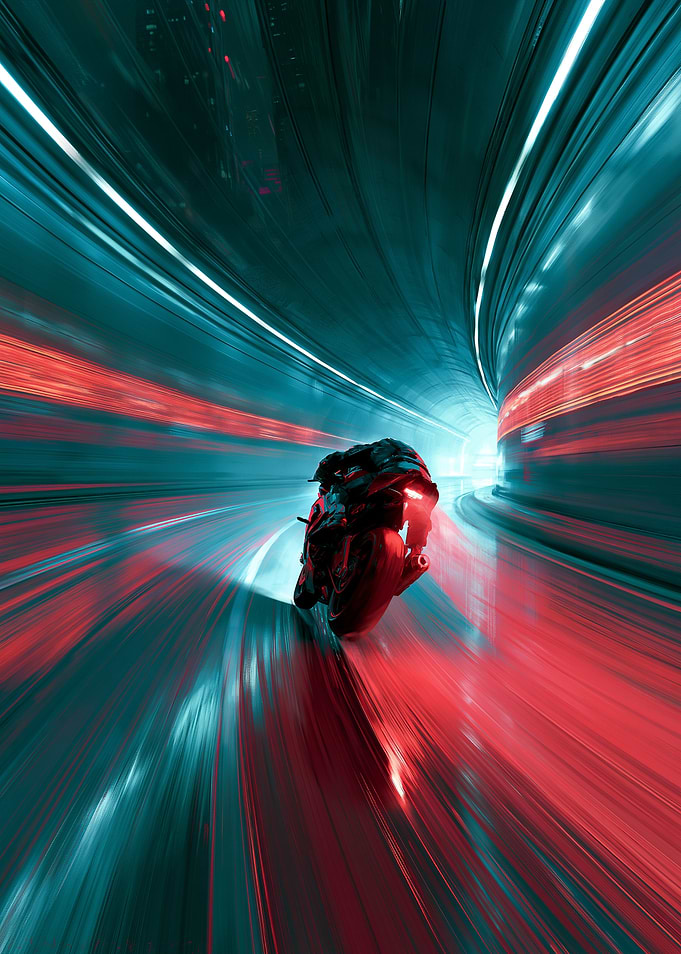 Motorcycle in a futuristic tunnel