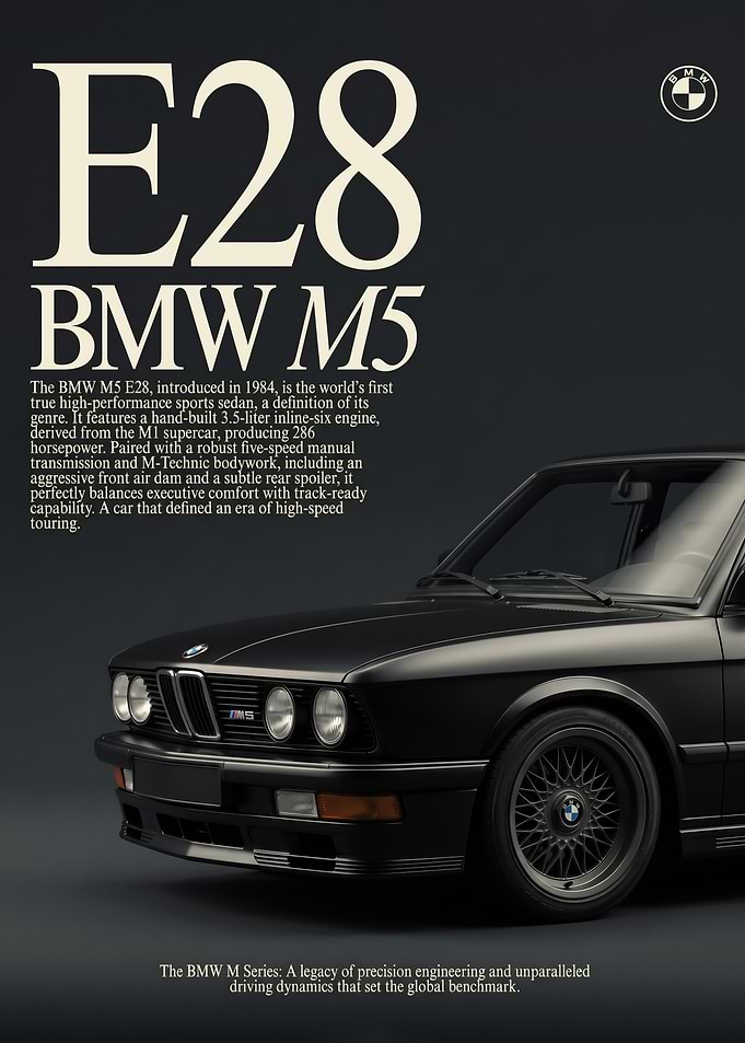close up sleek black BMW M5 E28 Vintage Poster
